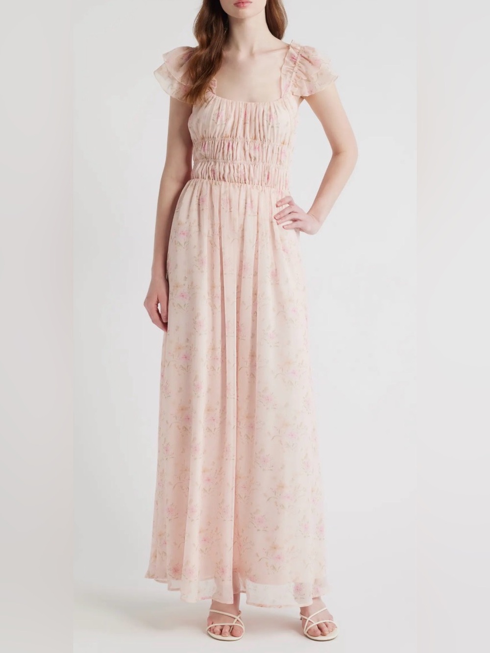 Lulu's Blush Pink Floral Maxi Dress with Smocked Bodice